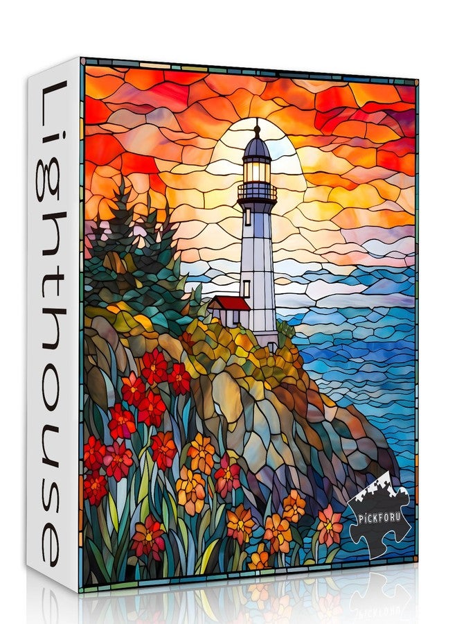 PICKFORU Stained Glass Lighthouse Puzzles for Adults 1000 Piece, Mosaic Beach Puzzle Hard, Impossible Difficult Challenging Puzzles, Lighthouse Scenic Jigsaw Puzzles - Image 1